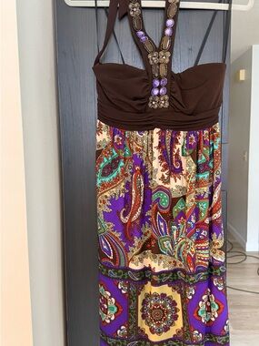 Jodi Kristopher Brown Halter Dress with Purple Jewel Accents